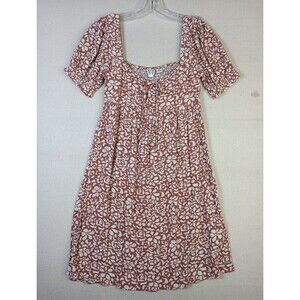 Roxy Frill Bloom Mini Dress Small Brown Floral Smocked Back Puff Sleeve EUC